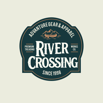 River crossing logo with text on dark green background