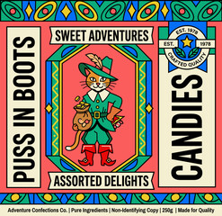Obraz premium Label design for Puss in Boots assorted candies by Adventure Confections in bright colors showing fun theme and cartoon cat