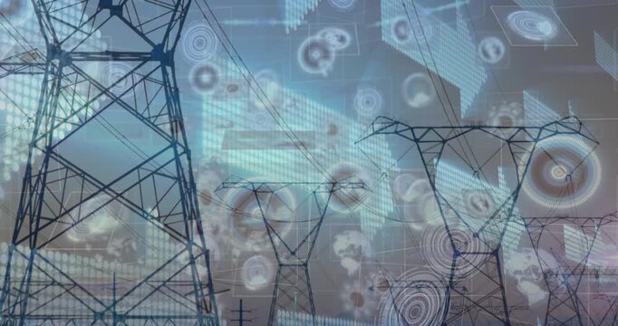 Network of connections and data processing against view of tall building