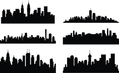 Fototapeta premium Set of city skyline silhouettes isolated on white background, modern urban architecture collection with skyscrapers, vector illustration for travel, business, and cityscape design