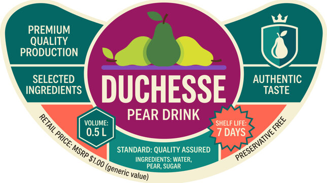 Duchesse pear drink packaging label shows information about ingredients and quality assurance for consumers