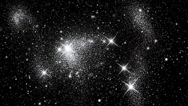 Dazzling silver glitter dust and bright sparkling stars illuminate the deep black cosmic background texture effect