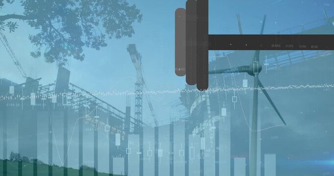 Animation of statistical data processing over spinning windmill against construction site