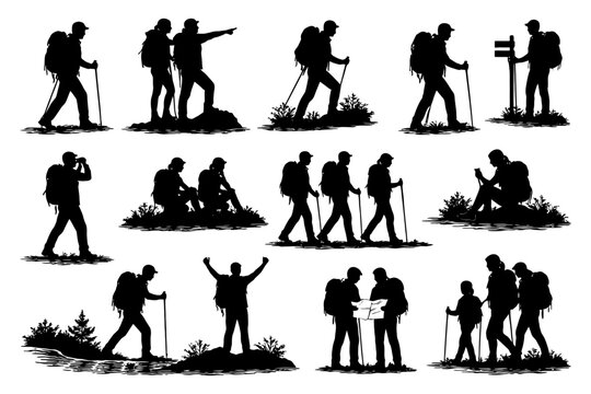 Silhouettes of hikers: exploring nature and adventure in various poses.