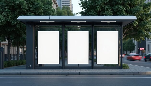 Modern bus stop shelter with three blank white panels for advertising. City street at dusk with passing cars. Urban transit hub offers space for marketing messages.