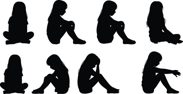 Set of girl silhouettes sitting in different poses isolated on white background, child profile collection expressing emotions, vector illustration for childhood, psychology, and concept design