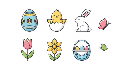 Fototapeta premium Easter icons set including eggs bunny chick butterfly tulip daffodil and basket with colorful eggs on white background