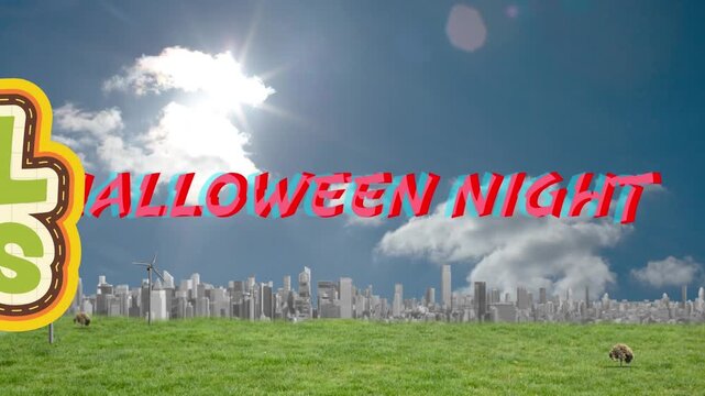 Animation of school days and halloween night text over cityscape