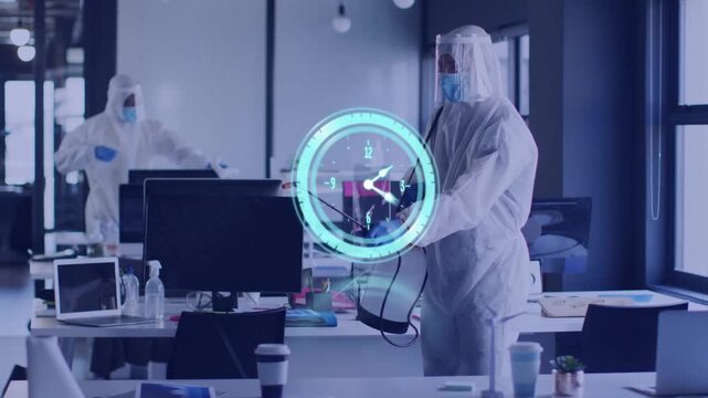 Animation of purple shapes and clock over person sanitizing office