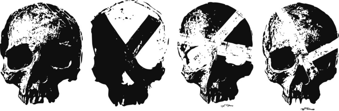 set of grunge black and white skull illustrations with distressed textures and paint stroke overlays