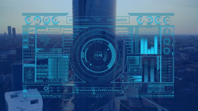 This video features a blue-tinted, technological interface with moving dials and graphs superimposed