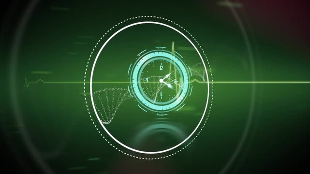 Animation of neon ticking clock over heart rate monitor and dna structures against green background