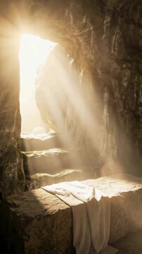 divine morning sunlight rays Vertical video of the empty tomb of Jesus Christ with  and white linen cloth, Easter resurrection concept. He is Risen.