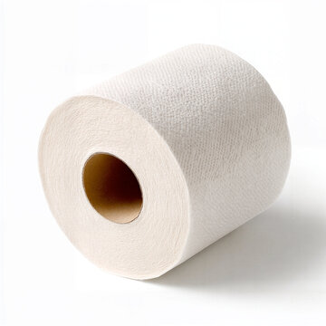 Single white toilet paper roll on white background