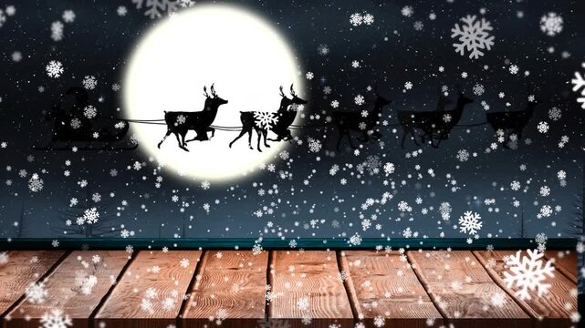 Animation of snowflakes falling over santa claus in sleigh pulled by reindeers against night sky