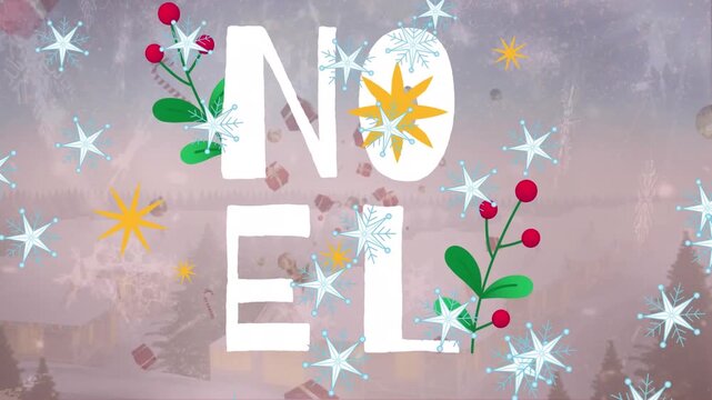Animation of stars over noel text banner and christmas gift icons floating against winter landscape