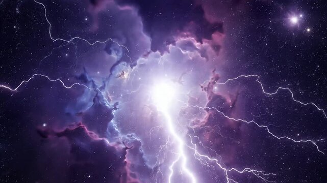 Cosmic nebula storm with vibrant purple lightning strikes in deep space ethereal galaxy background featuring swirling interstellar clouds and