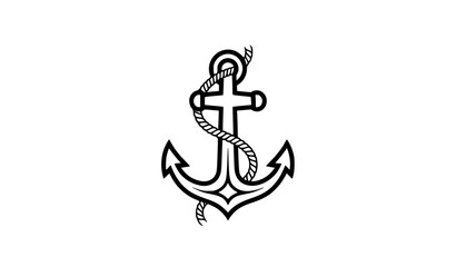 Naklejka premium Anchor with rope, minimal vector line art, centered, clean outline, white background, no shading, logo style
