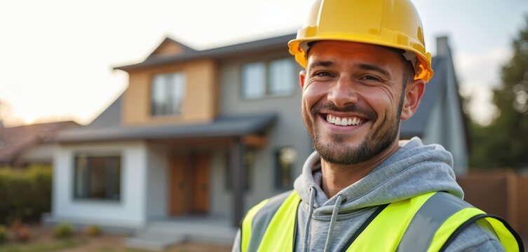 Smiling construction worker in hard hat, safety vest stands before new residential house exterior. Man shows confident look during home building project. Works on suburban neighborhood construction