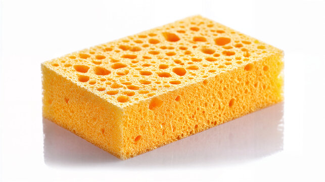Yellow porous sponge with water drops on white background