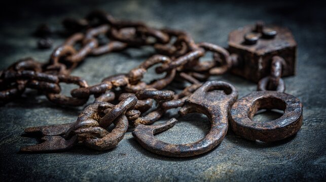 oppression. Rusty iron chains and shackles scattered on textured ground, weathered metal surfaces. safety posters, maintenance manuals, designed for industrial assembly lines and welding operations.