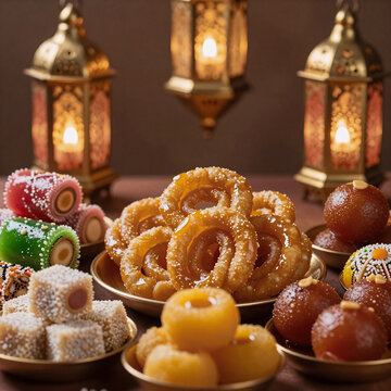Indian Miniature Eid Sweet. A Festive Meethi Eid Celebration Featuring Vibrant Indian Sweets And Lanterns