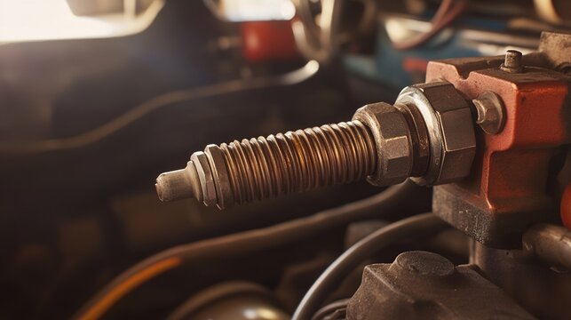 electrodes. Gleaming spark plug electrodes in a dark engine bay. mobility guides, transit brochures, designed for transport & logistics marketing, used by account managers.