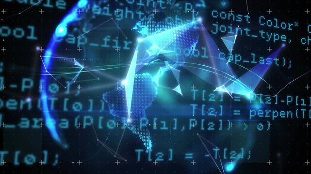 Animation of illuminated globe and connected dots over computer language against black background