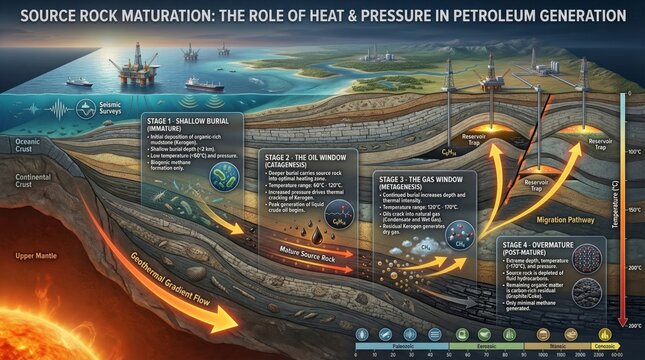 Visual Representation of Source Rock Maturation in Petroleum Generation Process Illustrated with Stages, Paths, and Effects