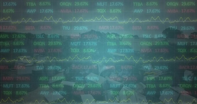Animation of multicolored trading board over aerial view of rocks on ground against sky