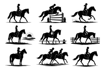 Fototapeta premium Equestrian silhouettes: female riders and horses in dynamic poses.