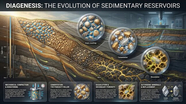 Diagram of Diagenesis Process Showing Evolution of Sedimentary Reservoirs with Detailed Stages and Descriptions