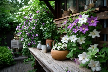 Fototapeta premium Cozy garden terrace with blooming clematis wooden table potted plant lush foliage outdoor patio floral wall rustic decor spring garden