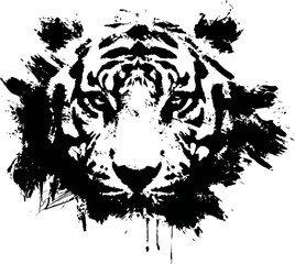 Obraz premium Abstract tiger face illustration with ink splash effect and tribal design