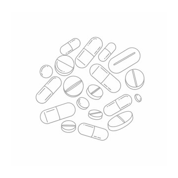 Pile of medical pills and capsules with line art