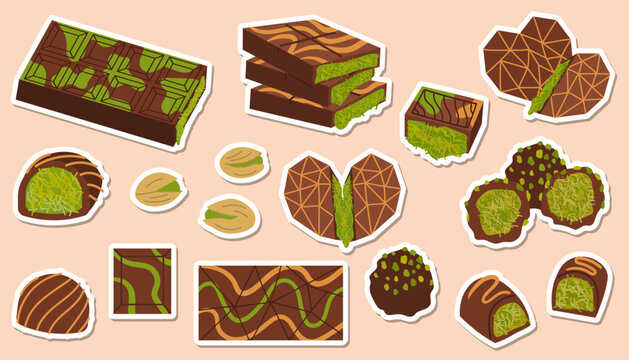 Dubai chocolate vector sticker set of bars and truffles with green pistachio knafeh filling. Flat cartoon icons of sweets and nuts on a peach background for menu design and planner stickers.