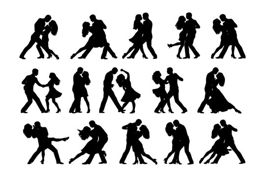 Silhouette couples dancing ballroom tango and salsa in various poses.