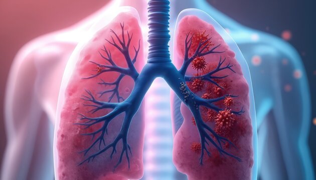 Human lungs anatomy comparison. Healthy lung left side normal tissue. Diseased lung right side shows red tumors. Viral infection or cancer cells spread through airways.