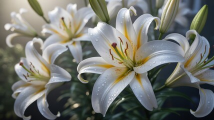 Obraz premium White lilies blooming with fresh water drops