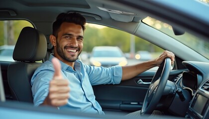 Obraz premium Smiling Indian man in light blue shirt gives thumbs up from driver. He holds steering wheel with right hand, happy expression on face. Young adult enjoys successful trip.