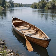 Obraz premium Blueprint Boat Extreme. Simple One-Line Illustration Depicting A Wooden Fishing Canoe And Paddle, With An Outline Of The Boat On River Transport