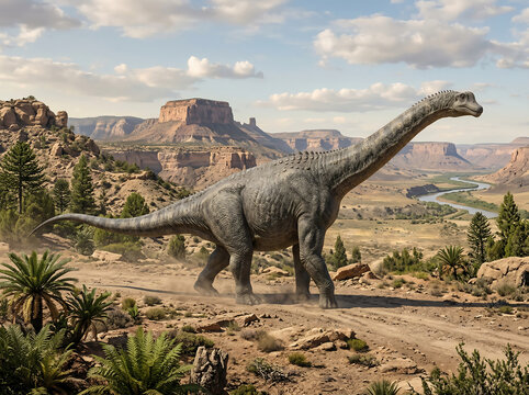 Alamosaurus Walking Side View Illustration OF Alamosaurus dinosaur , Alamosaurus a genus of titanosaurian sauropod dinosaurs prehistoric extinct dinosaur 