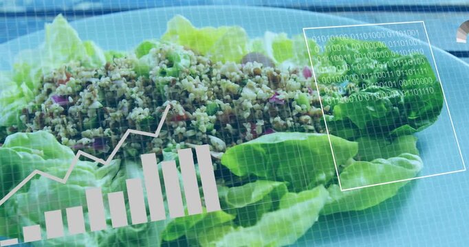 Salad with data graphs and binary code animation overlaying image