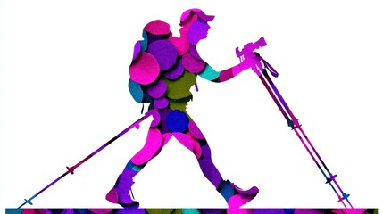 Fototapeta premium Colorful Silhouette of a Hiker with Camera and Hiking Poles