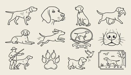 Fototapeta premium Vintage pointer dog hunting icons set with classic sketches and sporting illustrations in outline style