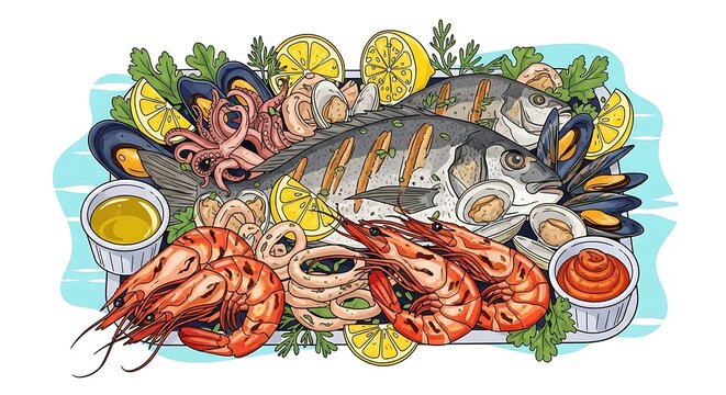 Seafood platter drawing.