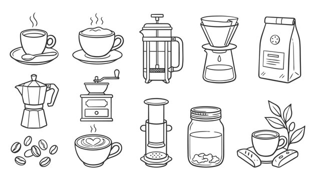 Hand drawn coffee icons set, minimalist chalk crayon line art illustration vector on white