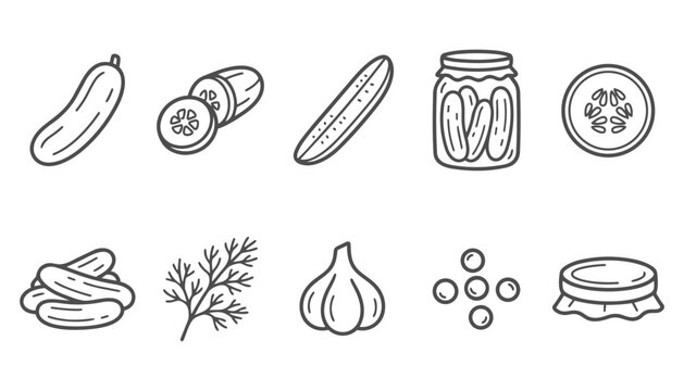 Pickled cucumber food collection, monoline outline vector icons set on white background