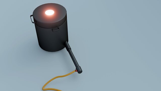 A 3D render of a portable metal melting furnace. The black cylindrical kiln features a top vent, side handles, and a gas burner intake pipe connected to an orange fuel hose.