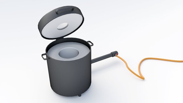 A 3D render of a portable metal melting furnace. The black cylindrical kiln features a top vent, side handles, and a gas burner intake pipe connected to an orange fuel hose.